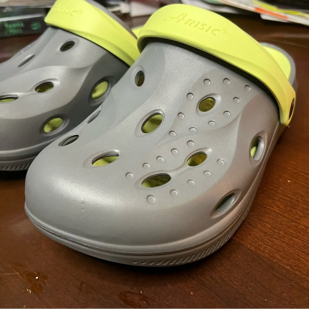 ARISIC Clog Sandals Size 8 / 9 Removable Insoles Arch Support Gray Yellow Garden - Picture 3 of 9
